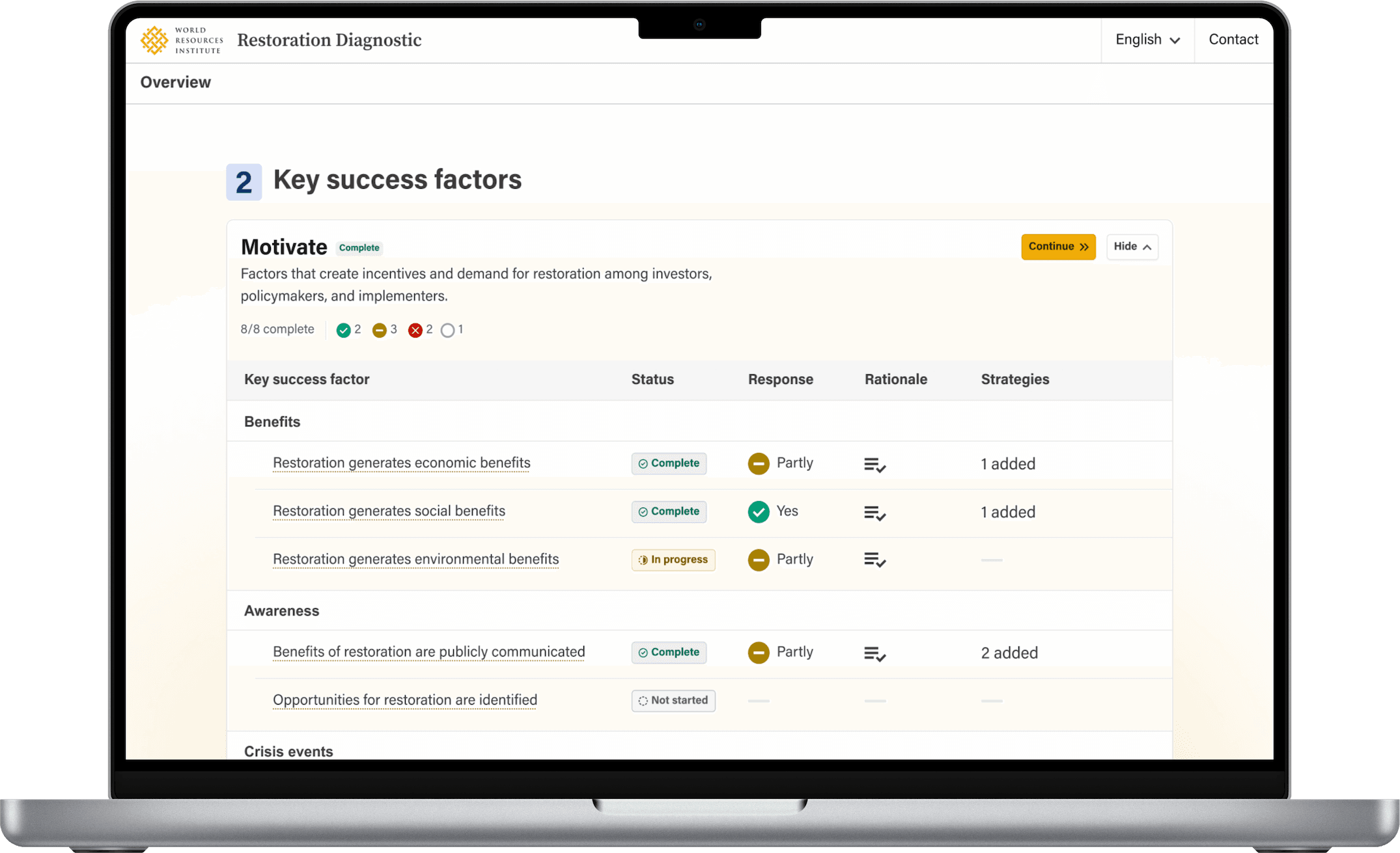 Restoration Diagnostic tool interface